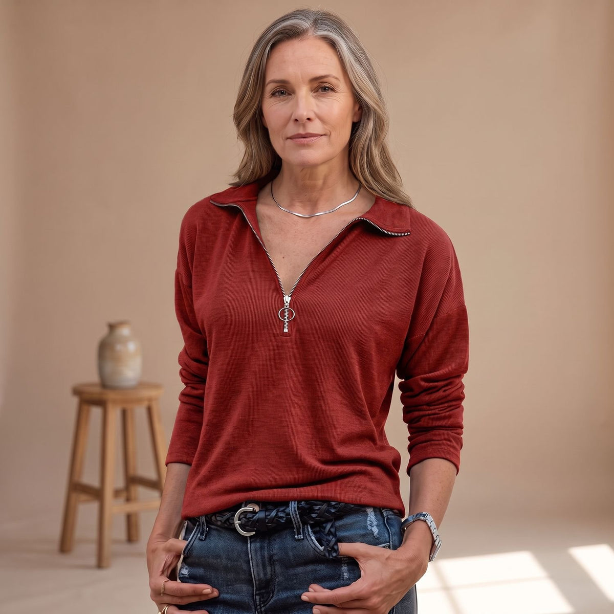 Women's Ribbed Half-Zip Pullover Sweater Long Sleeve - Red