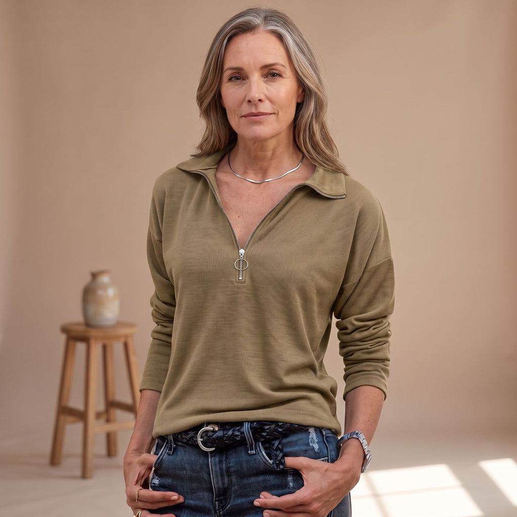 Women's Ribbed Half-Zip Pullover Sweater Long Sleeve - Brown