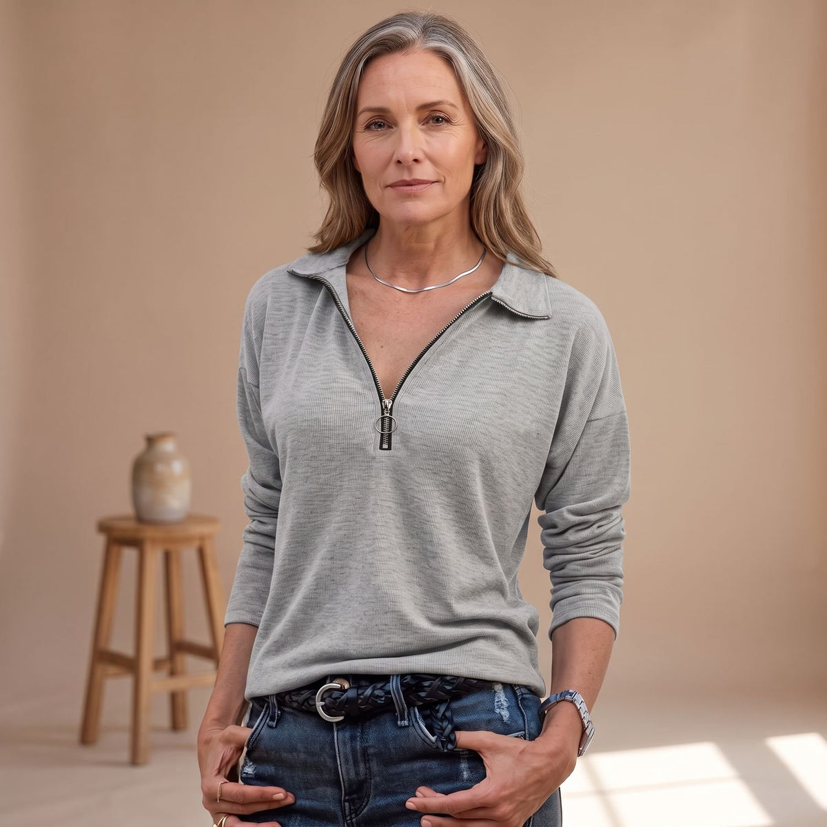 Women's Ribbed Half-Zip Pullover Sweater Long Sleeve - Gray