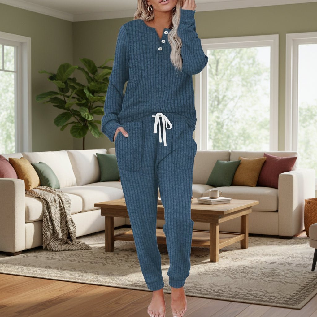 Women's Ribbed Henley Button-Up Drawstring Loungewear Two-Piece Set - Navy Blue