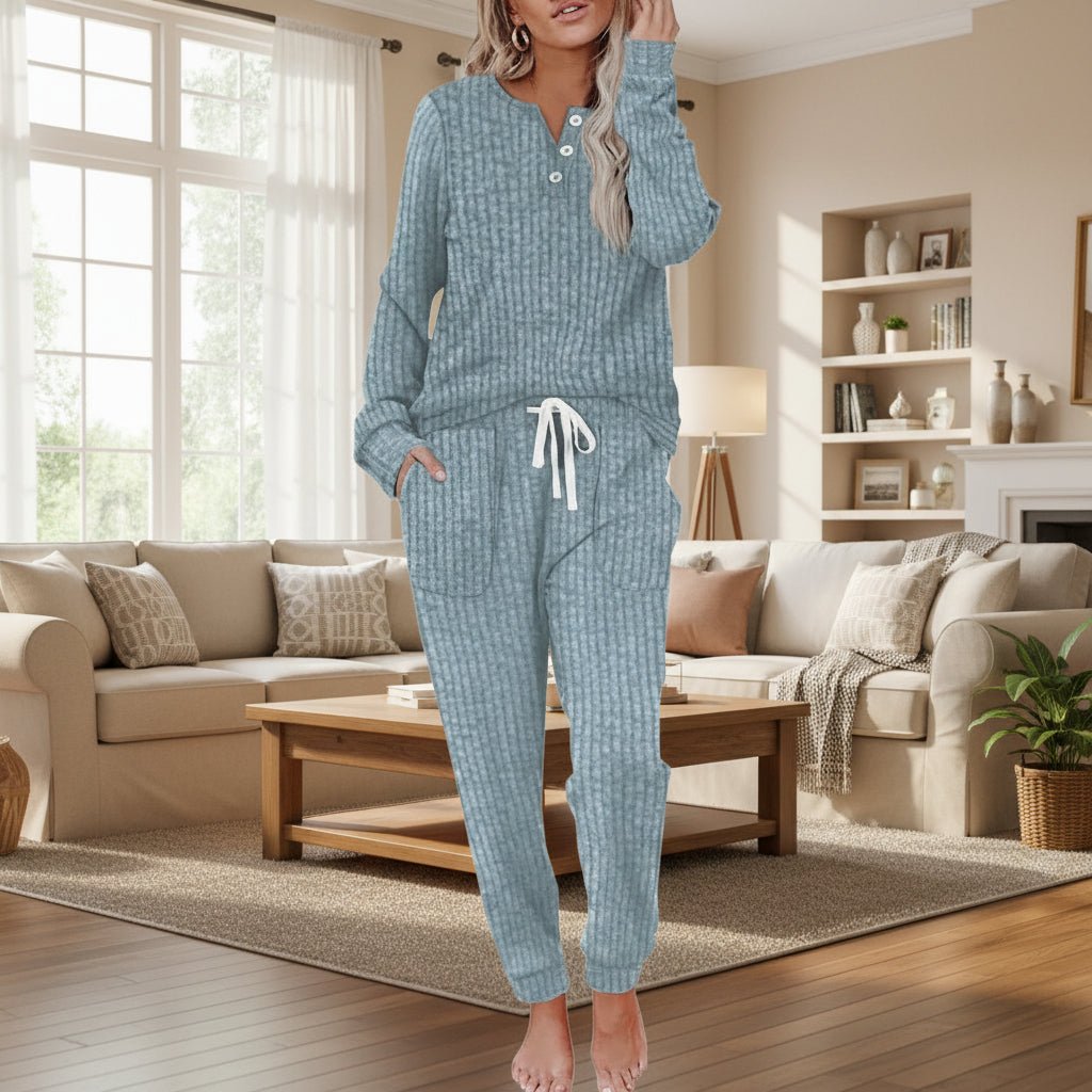 Women's Ribbed Henley Button-Up Drawstring Loungewear Two-Piece Set - Sea Blue