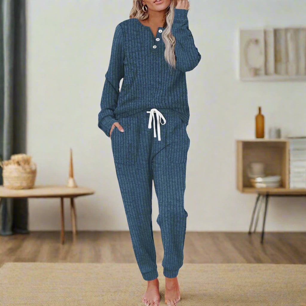 Women's Ribbed Henley Button-Up Drawstring Loungewear Two-Piece Set