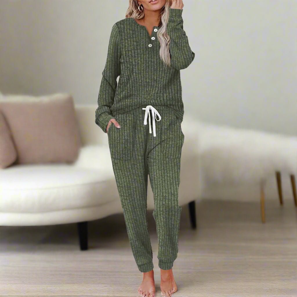 Women's Ribbed Henley Button-Up Drawstring Loungewear Two-Piece Set - Leaf Green