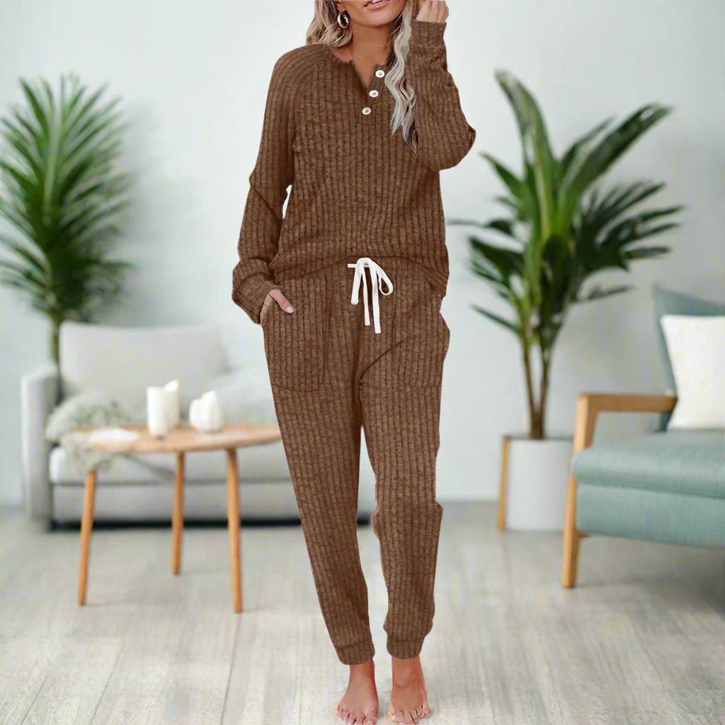 Women's Ribbed Henley Button-Up Drawstring Loungewear Two-Piece Set