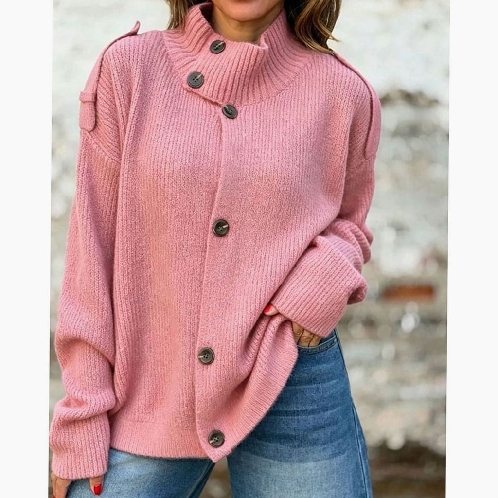Women's Ribbed Knit Button-Front Stand-Collar Cardigan - Pink
