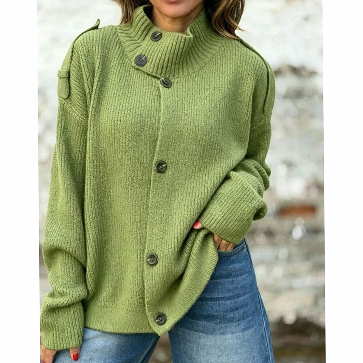 Women's Ribbed Knit Button-Front Stand-Collar Cardigan - Green