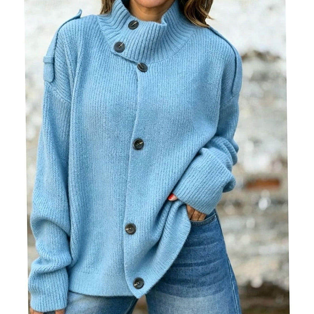 Women's Ribbed Knit Button-Front Stand-Collar Cardigan - Blue