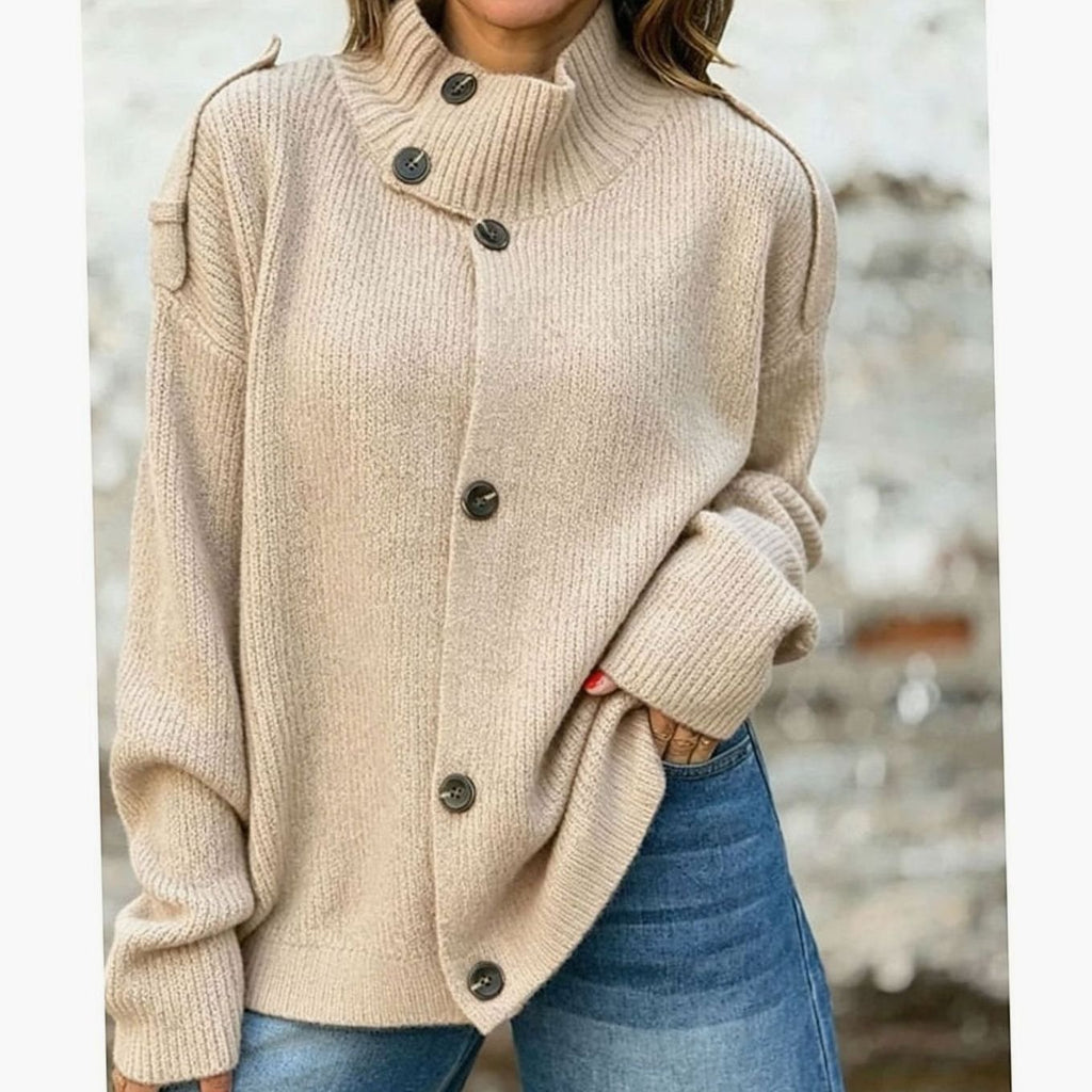 Women's Ribbed Knit Button-Front Stand-Collar Cardigan - Apricot