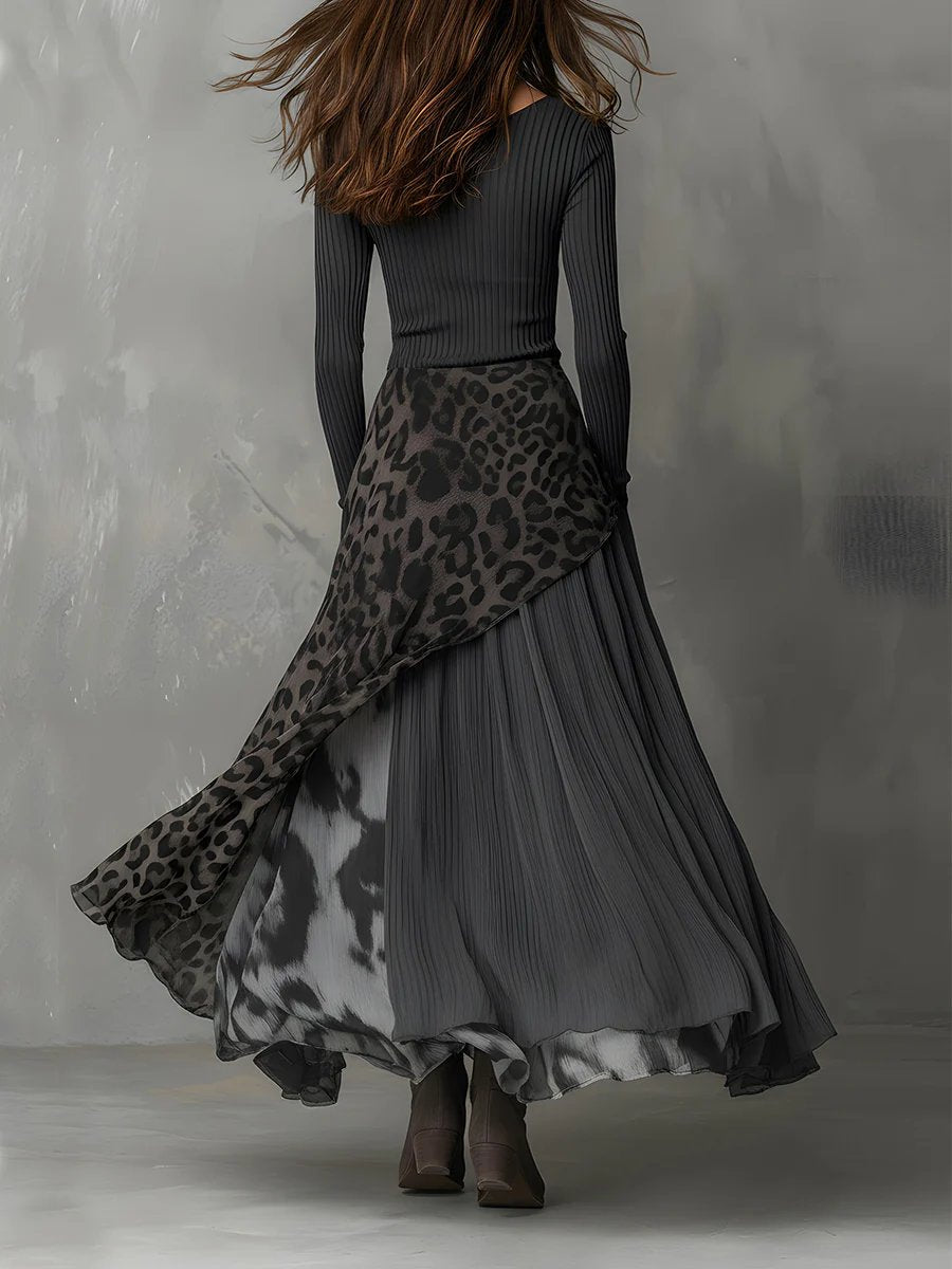 Women's Ribbed Knit Leopard Print Maxi Long Sleeve Dress Irregular Hem