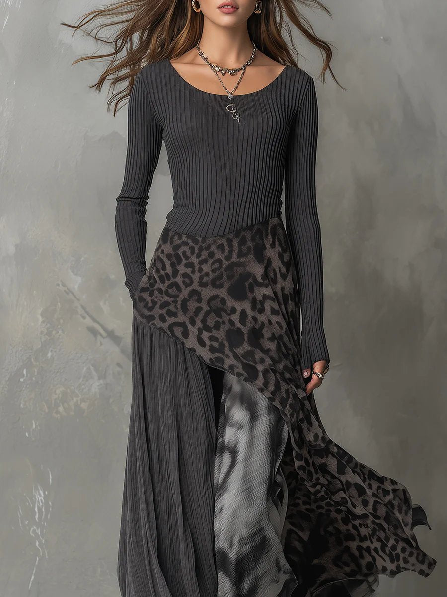Women's Ribbed Knit Leopard Print Maxi Long Sleeve Dress Irregular Hem