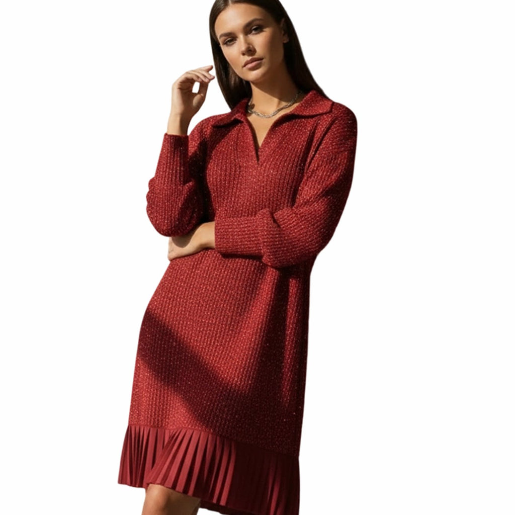 Women's Ribbed Knit Long Sleeve Dress Collared Pleated Hem - Red