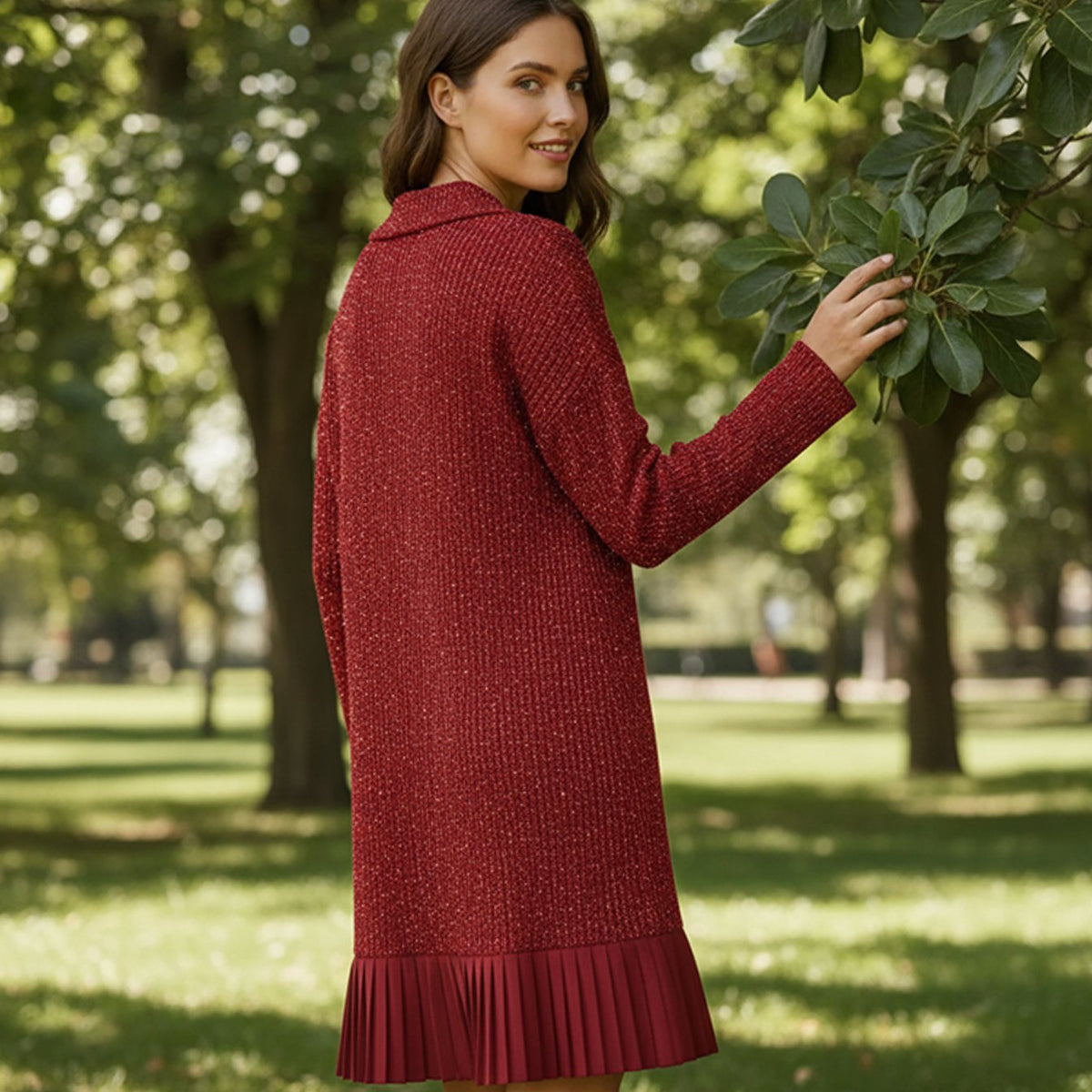 Women's Ribbed Knit Long Sleeve Dress Collared Pleated Hem