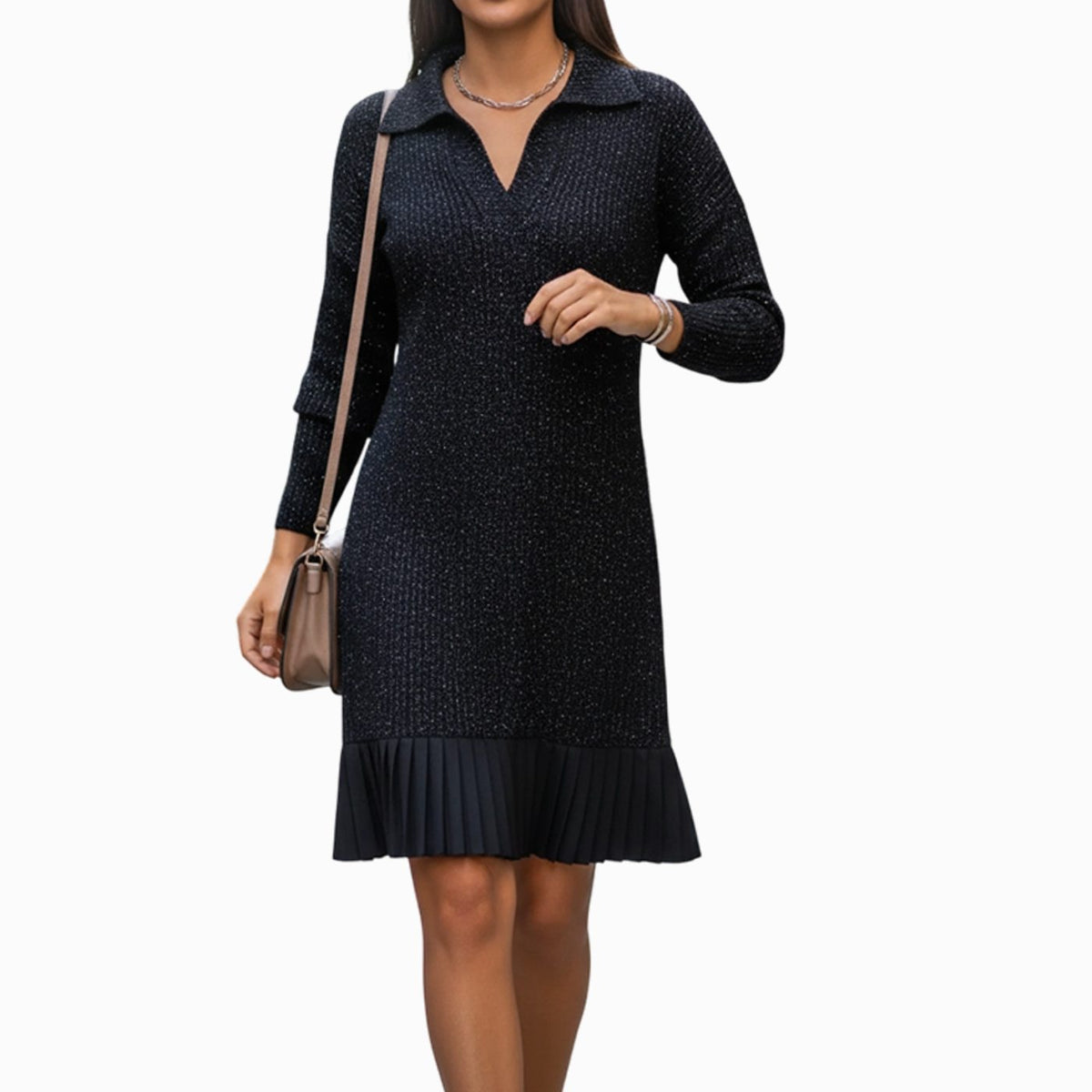 Women's Ribbed Knit Long Sleeve Dress Collared Pleated Hem - Navy Blue