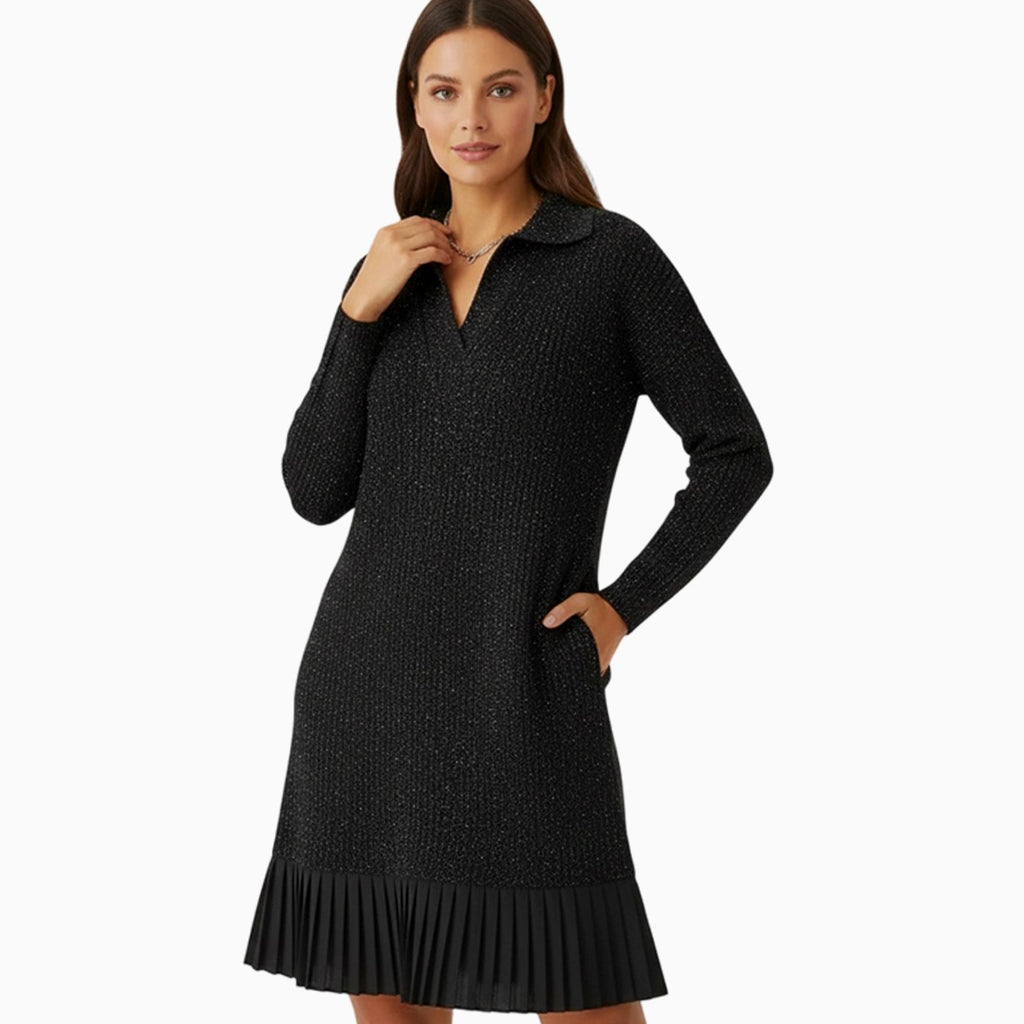 Women's Ribbed Knit Long Sleeve Dress Collared Pleated Hem - Black