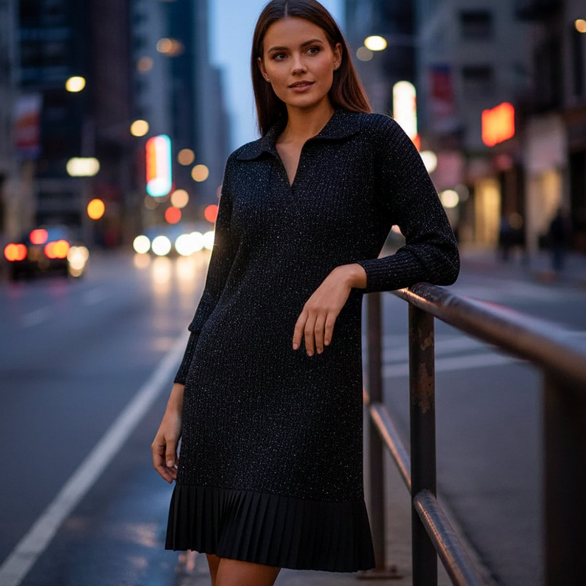 Women's Ribbed Knit Long Sleeve Dress Collared Pleated Hem