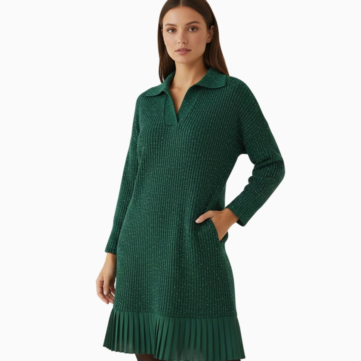 Women's Ribbed Knit Long Sleeve Dress Collared Pleated Hem - Green