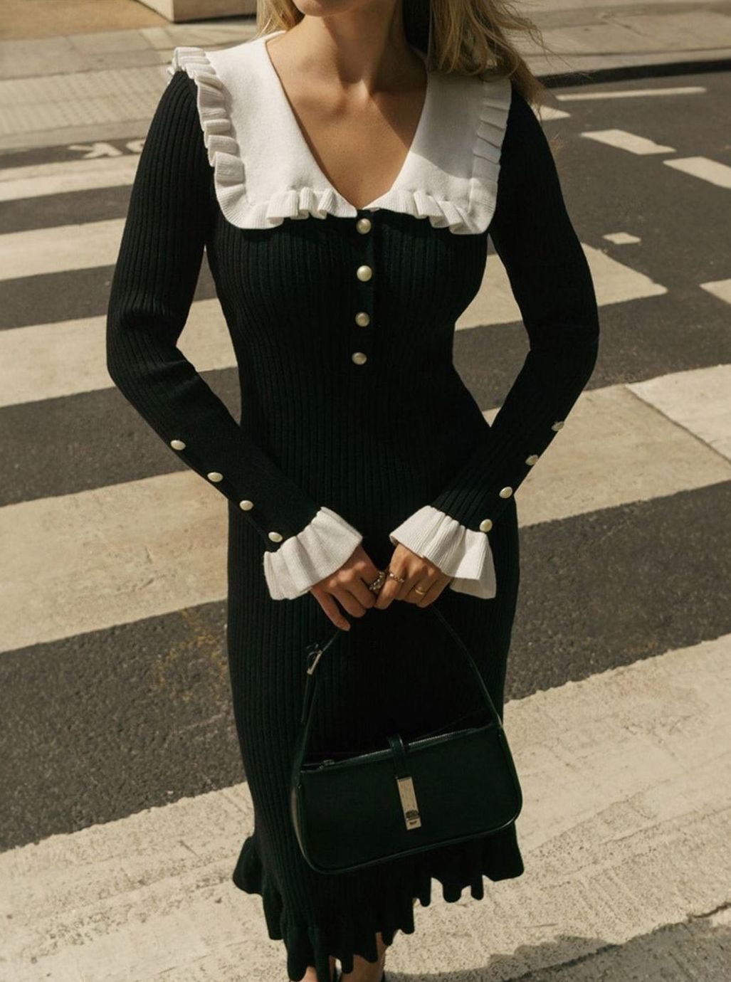 Women's Ribbed Knit Long Sleeve Dress Ruffled Collar - Black