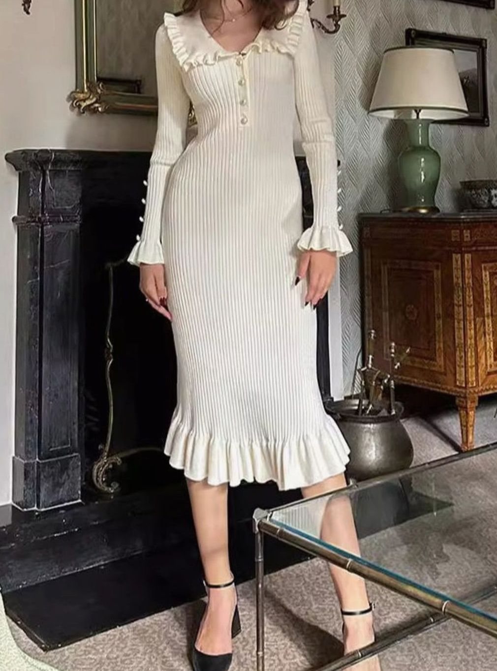 Women's Ribbed Knit Long Sleeve Dress Ruffled Collar - White