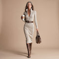 Women's Ribbed Knit Long-Sleeve V-Neck Midi Bodycon Dress - Beige