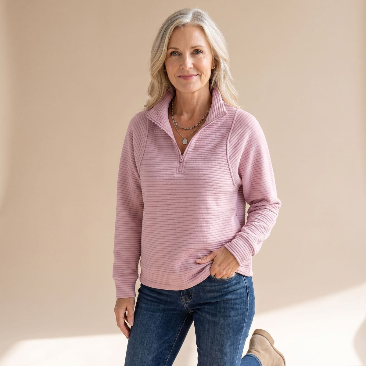 Women's Ribbed Quarter-Zip Pullover Sweater - Pink
