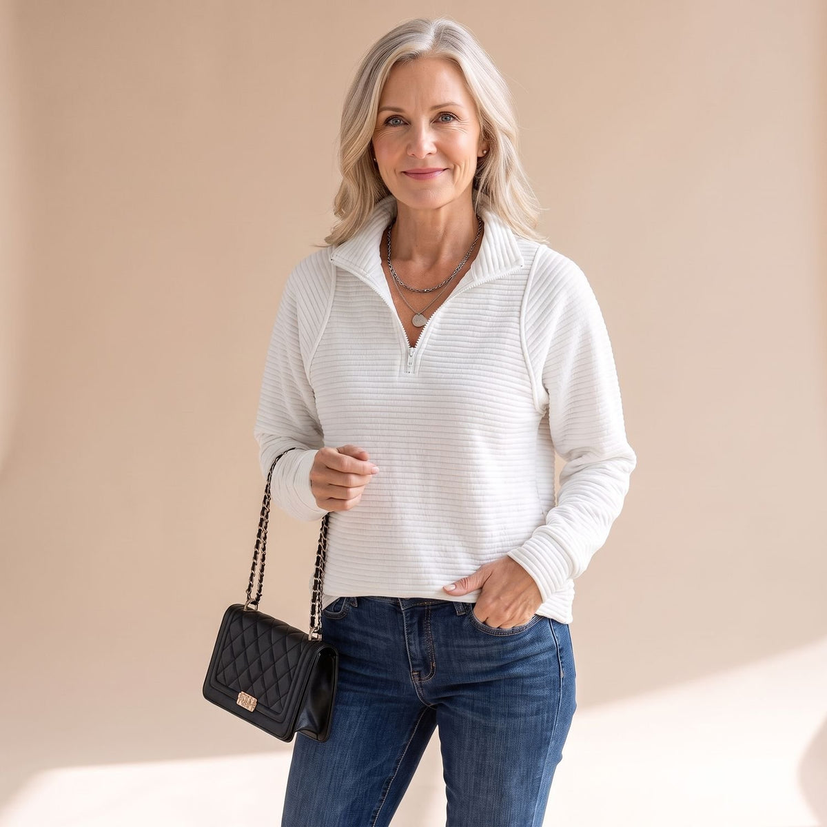 Women's Ribbed Quarter-Zip Pullover Sweater - White