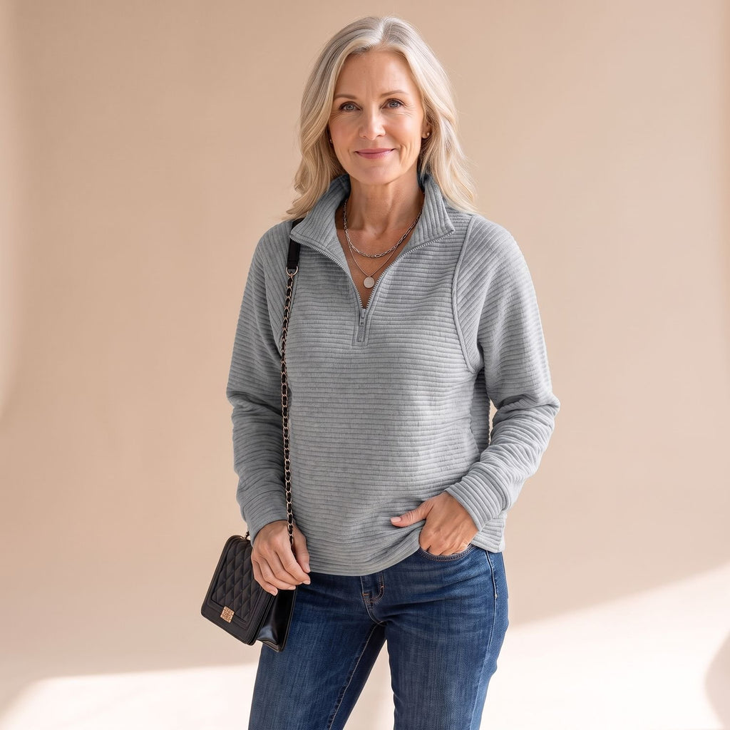 Women's Ribbed Quarter-Zip Pullover Sweater - Gray