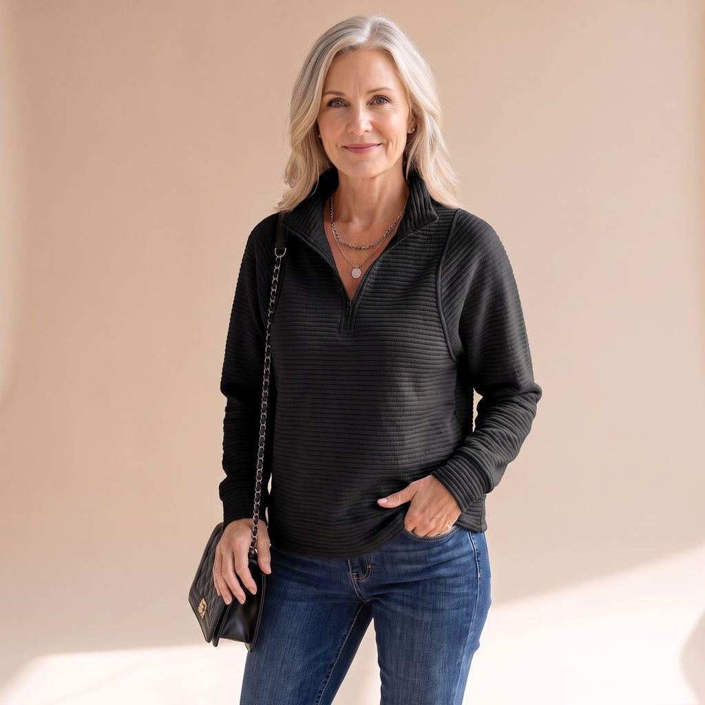 Women's Ribbed Quarter-Zip Pullover Sweater - Black