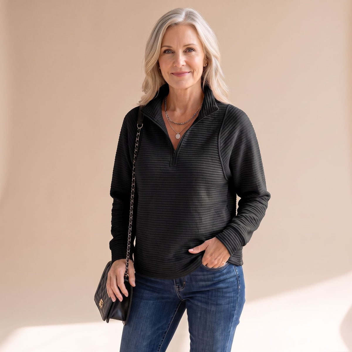 Women's Ribbed Quarter-Zip Pullover Sweater - Black