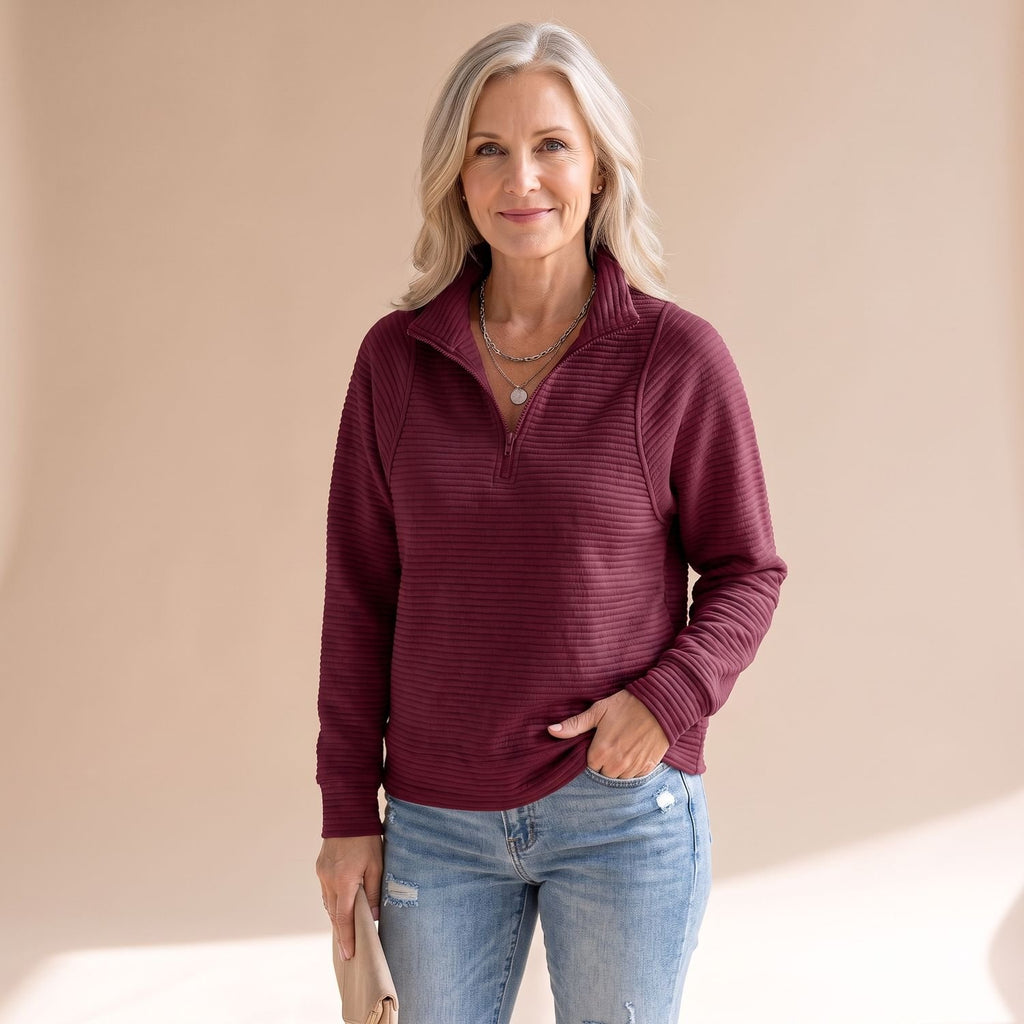 Women's Ribbed Quarter-Zip Pullover Sweater - Red