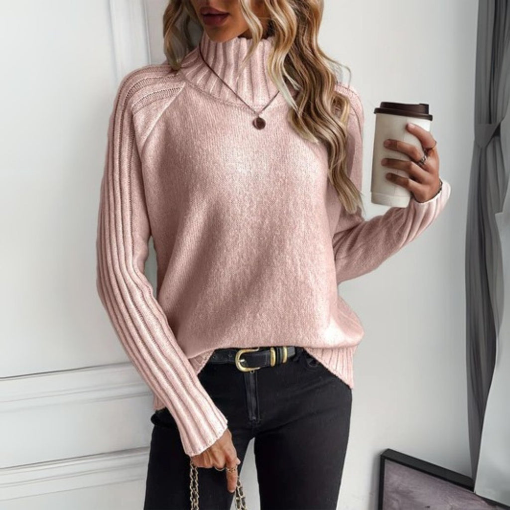 Women's Ribbed Raglan-Sleeve Turtleneck Sweater - Pink