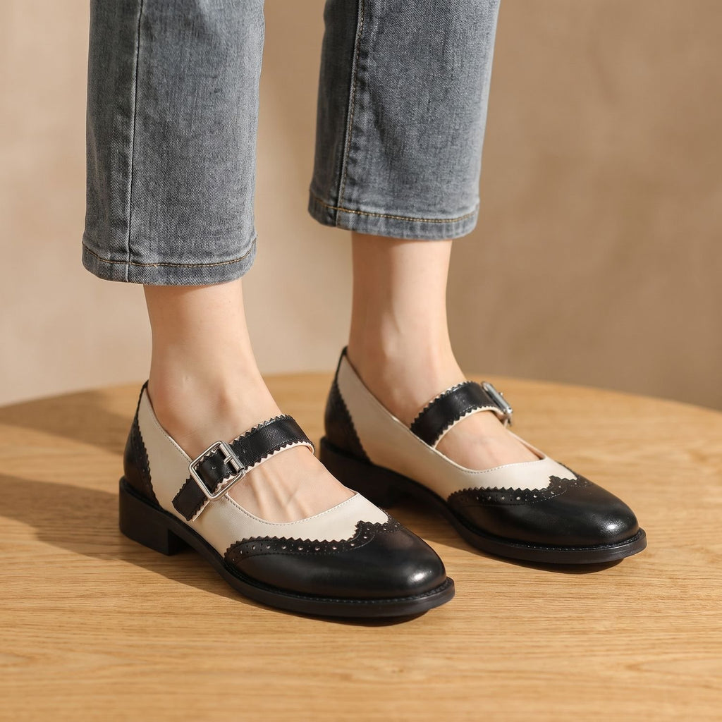 Women's Round Toe Mary Jane Shoes Buckle Strap Perforated Flats - Black