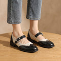 Women's Round Toe Mary Jane Shoes Buckle Strap Perforated Flats - Black