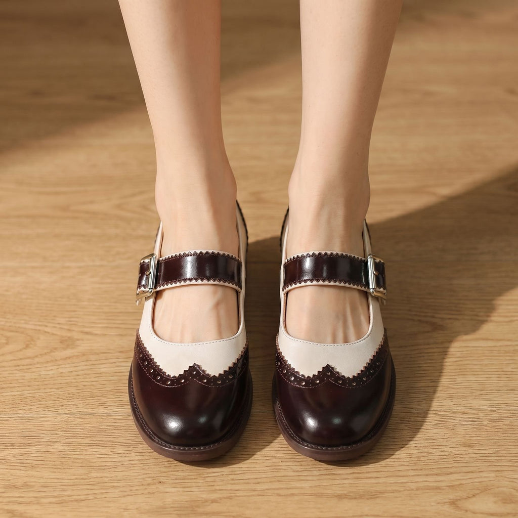 Women's Round Toe Mary Jane Shoes Buckle Strap Perforated Flats - Brown