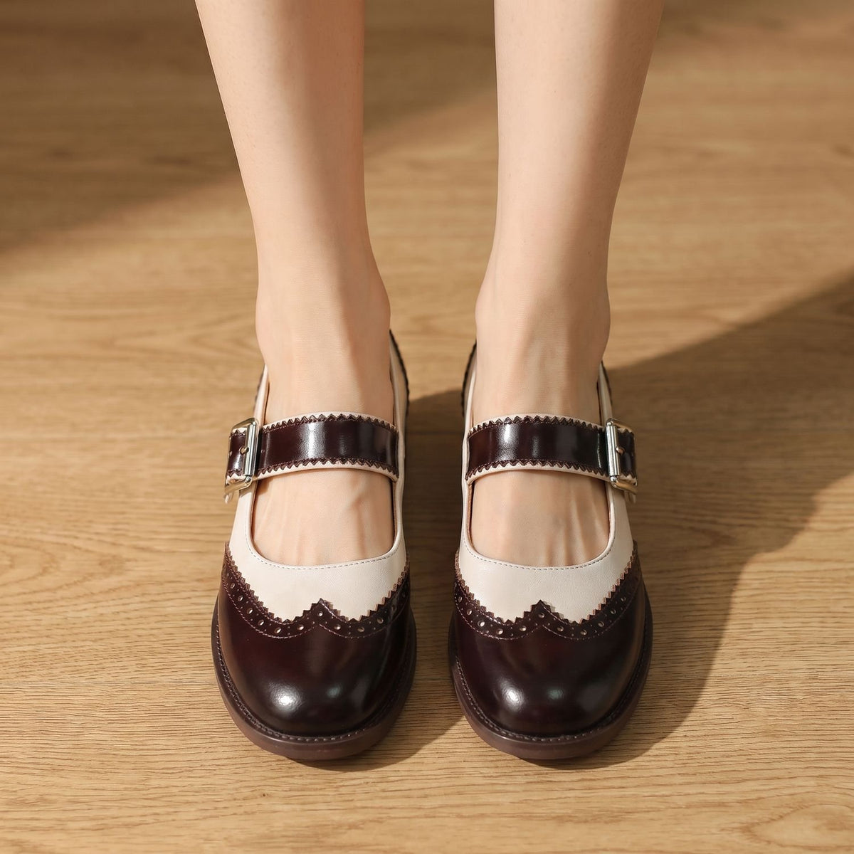 Women's Round Toe Mary Jane Shoes Buckle Strap Perforated Flats - Brown