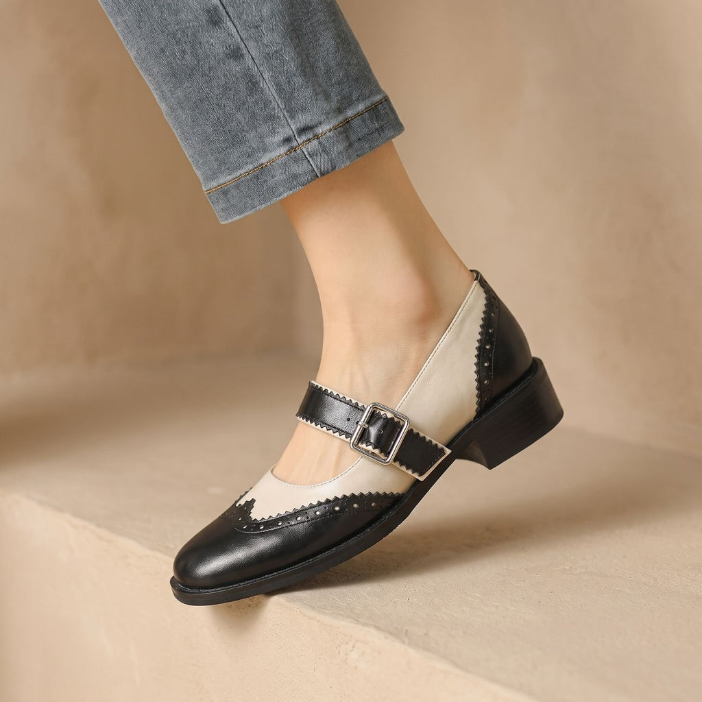 Women's Round Toe Mary Jane Shoes Buckle Strap Perforated Flats