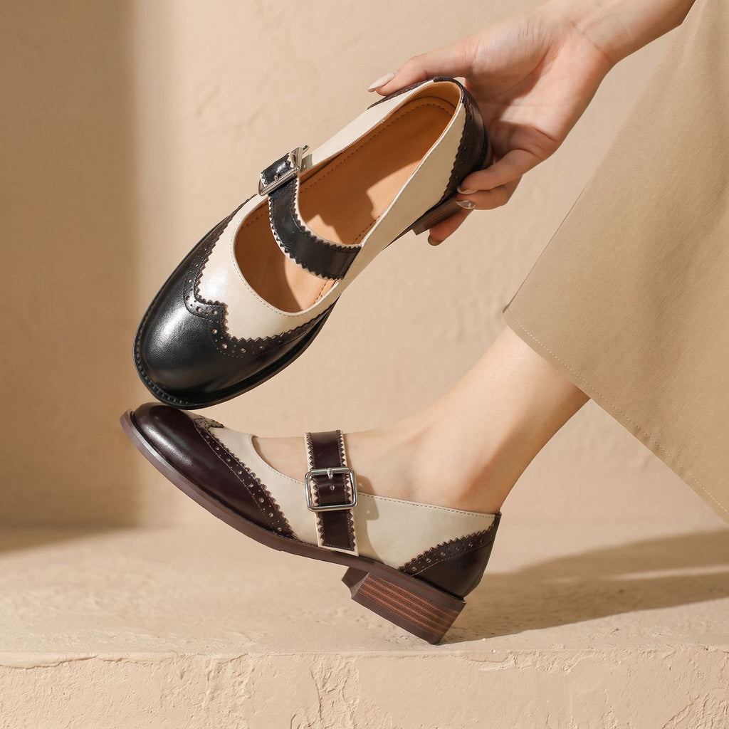 Women's Round Toe Mary Jane Shoes Buckle Strap Perforated Flats