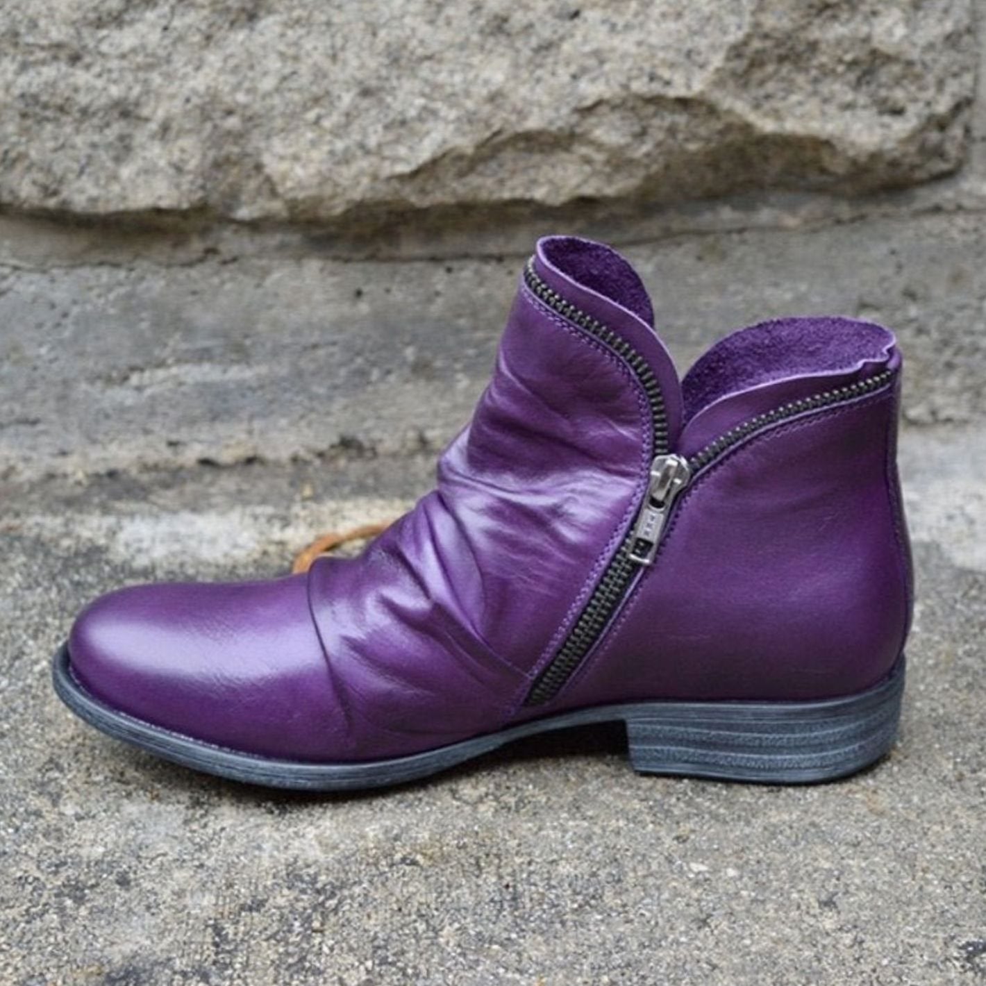 Women's Ruched Leather Side-Zip Ankle Boots - Purple