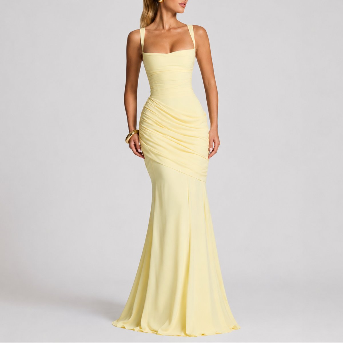 Women's Ruched Square-Neck Maxi Fall Wedding Guest Dresses - Yellow