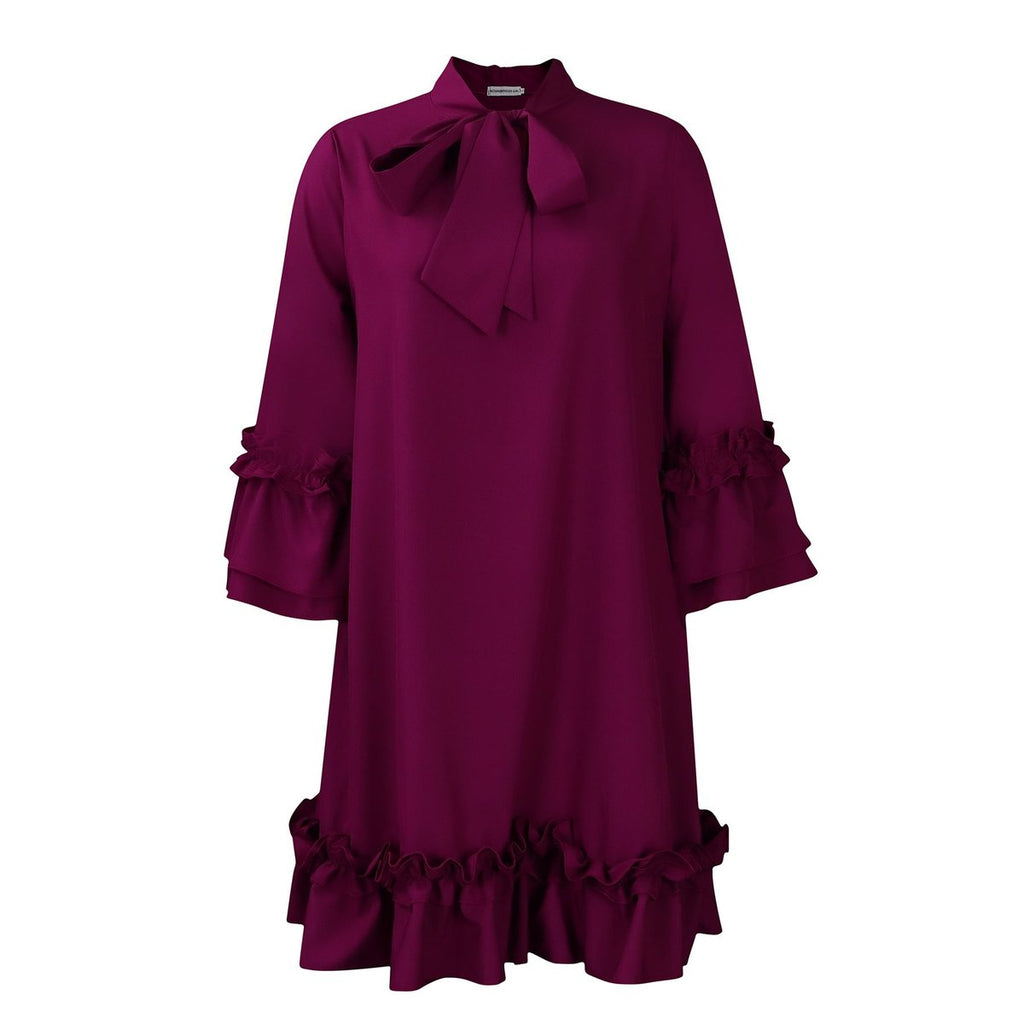Women's Ruffle-Hem Bow-Tie Collar Tunic Mini Dress - Purpur