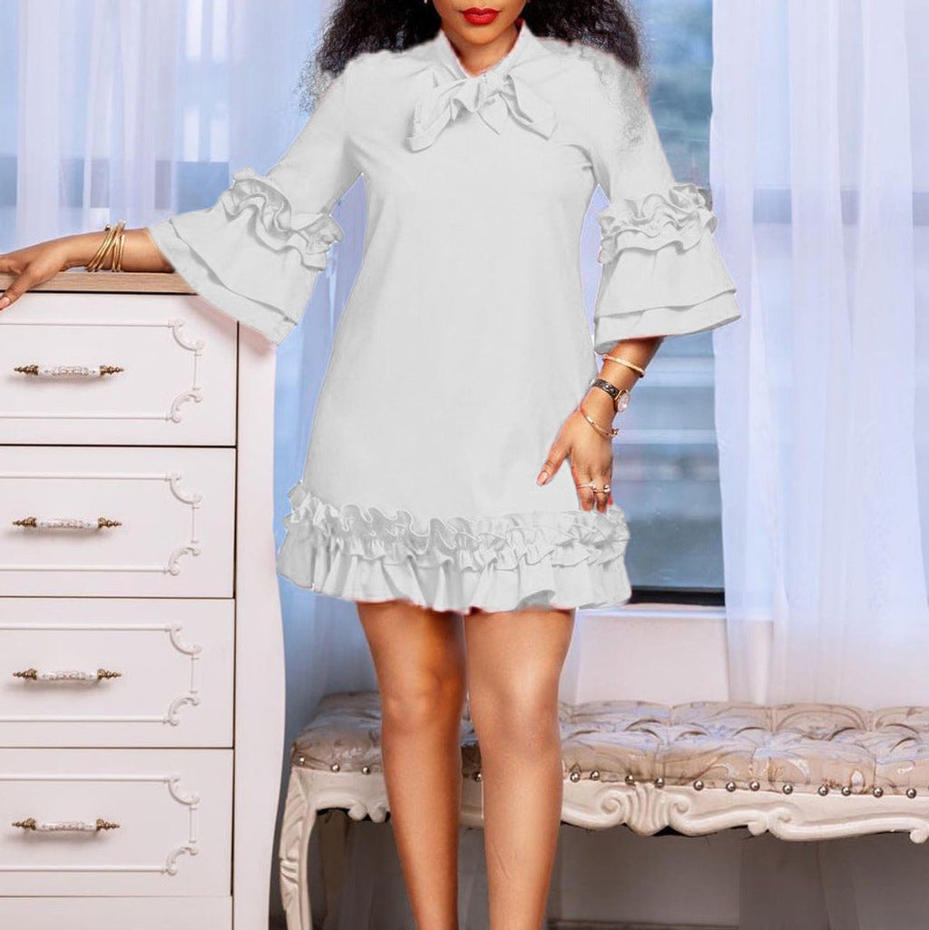 Women's Ruffle-Hem Bow-Tie Collar Tunic Mini Dress