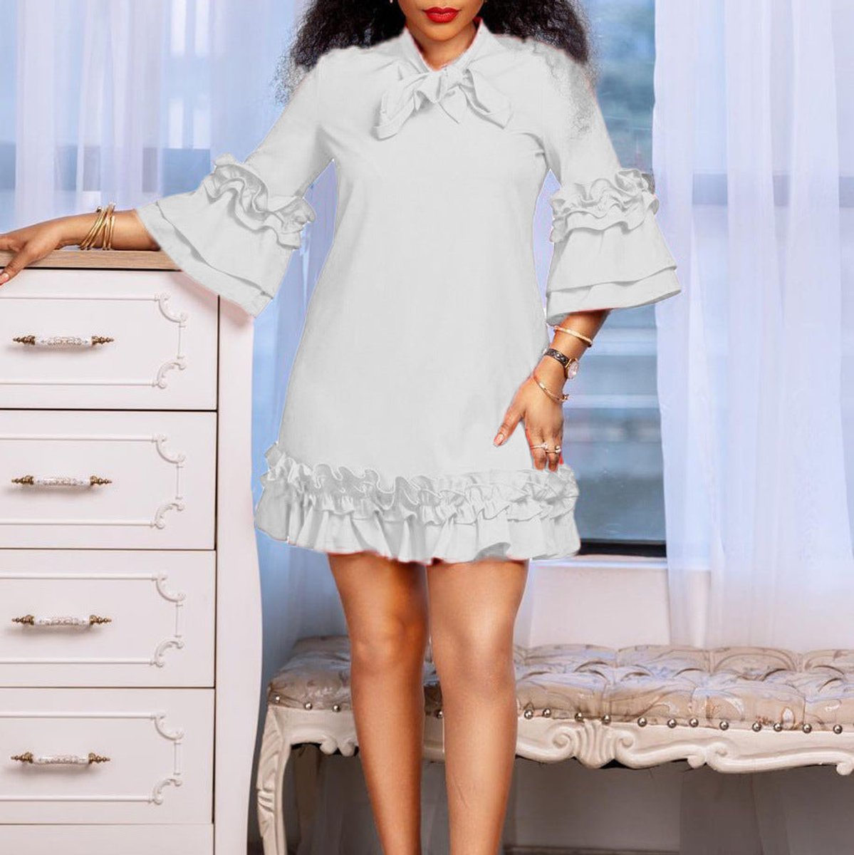 Women's Ruffle-Hem Bow-Tie Collar Tunic Mini Dress