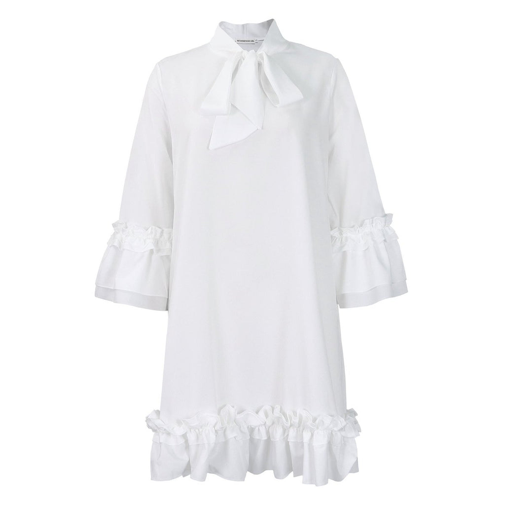 Women's Ruffle-Hem Bow-Tie Collar Tunic Mini Dress - Weiß