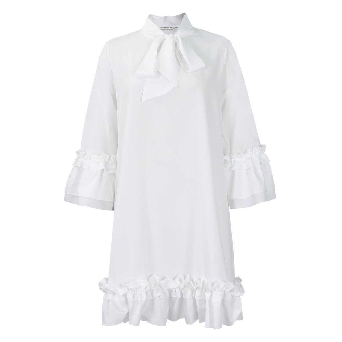 Women's Ruffle-Hem Bow-Tie Collar Tunic Mini Dress - Weiß