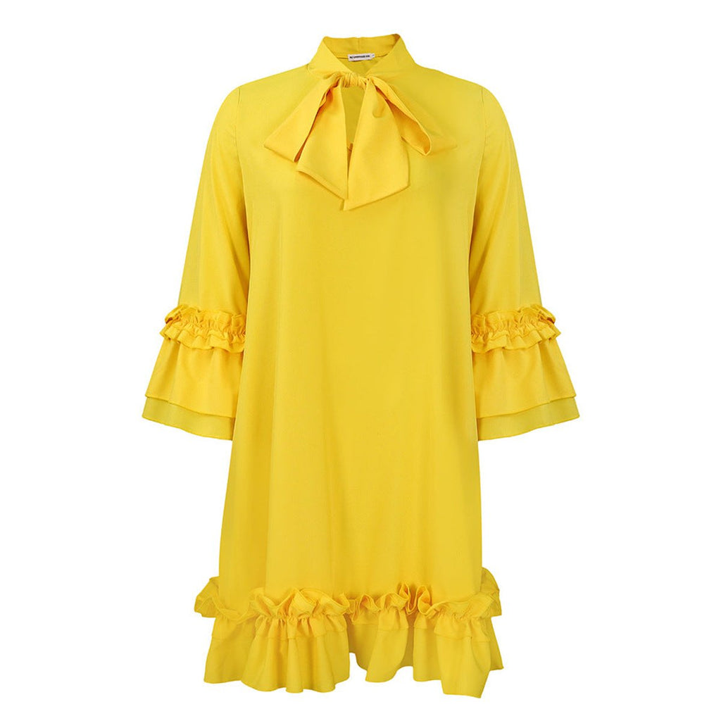 Women's Ruffle-Hem Bow-Tie Collar Tunic Mini Dress - Gelb