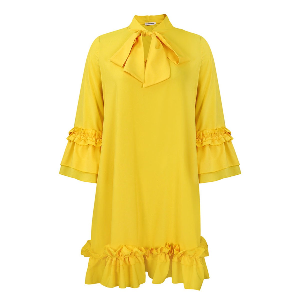 Women's Ruffle-Hem Bow-Tie Collar Tunic Mini Dress - Gelb