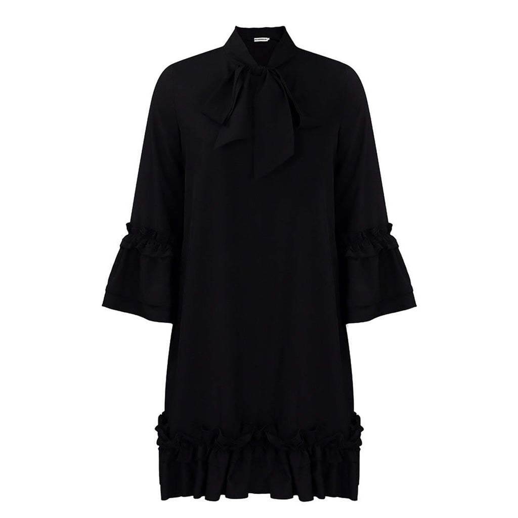 Women's Ruffle-Hem Bow-Tie Collar Tunic Mini Dress - Schwarz