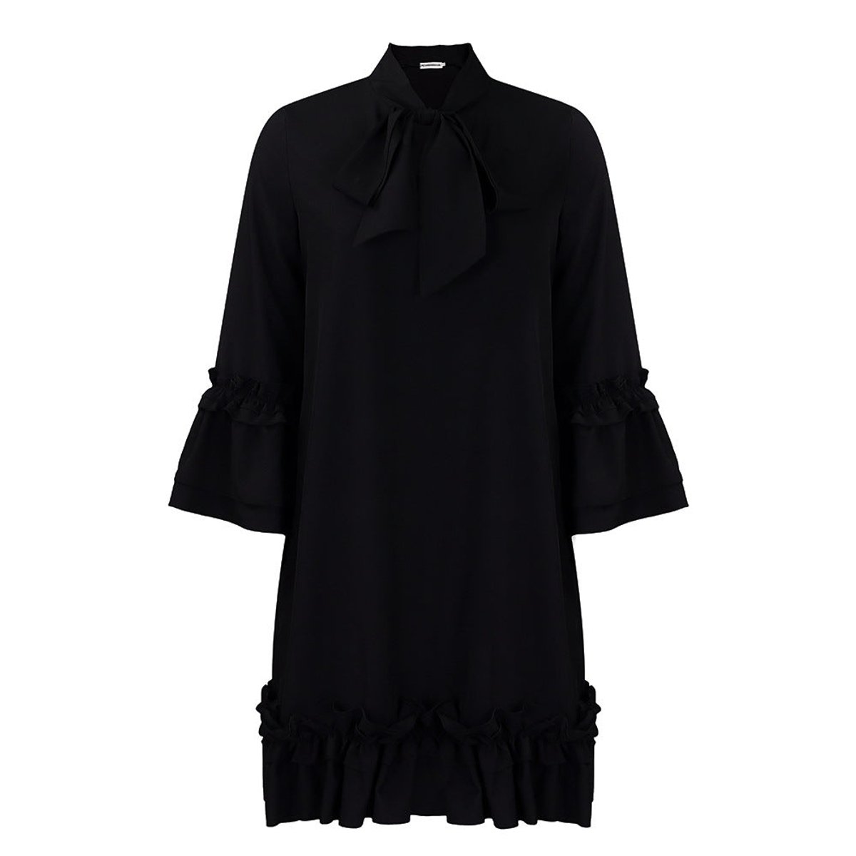 Women's Ruffle-Hem Bow-Tie Collar Tunic Mini Dress - Schwarz