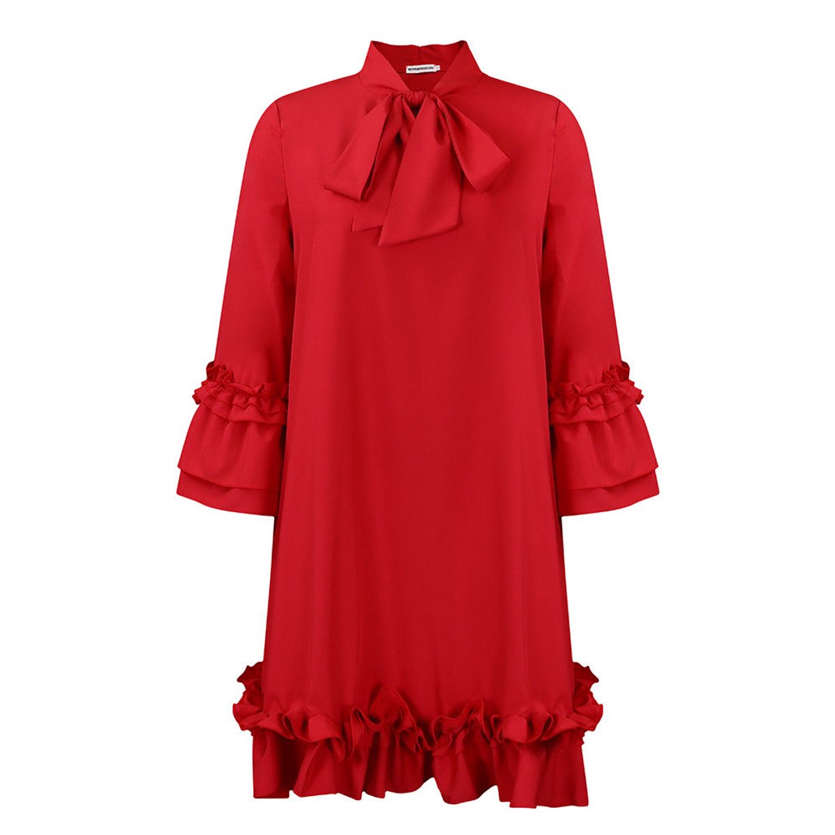 Women's Ruffle-Hem Bow-Tie Collar Tunic Mini Dress - Rot