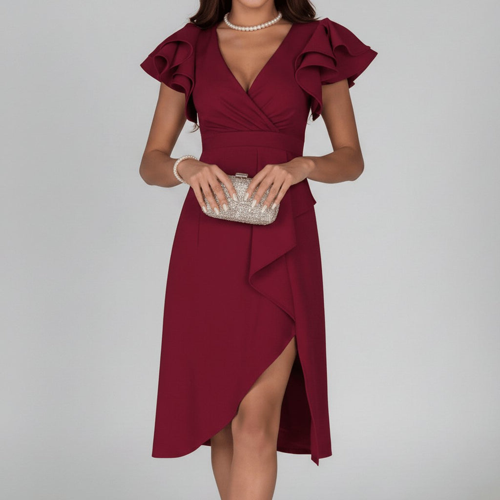Women's Ruffle-Sleeve V-Neck Wrap Mother of the Bride Dress - Deep Red