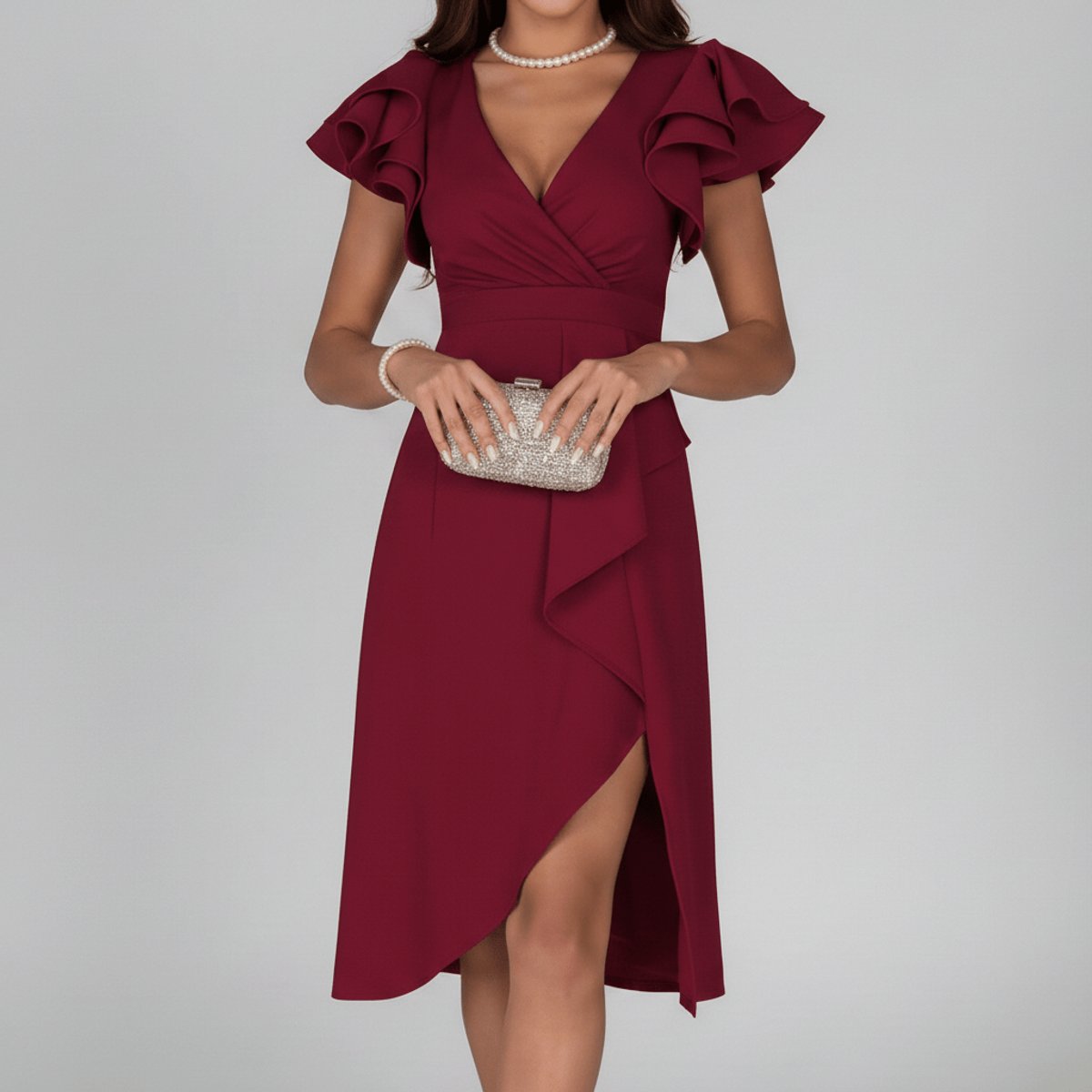 Women's Ruffle-Sleeve V-Neck Wrap Mother of the Bride Dress - Deep Red